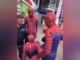 in russia, there is a new quadrober trend: teenagers in spider-man's costumes burst into the shopping center massively